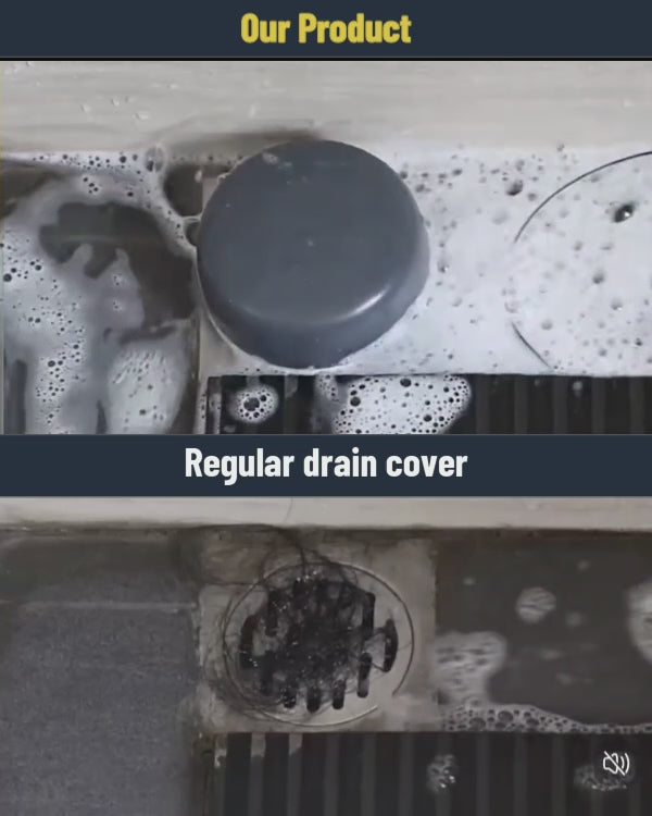 Before and after comparison of bathroom drain with foot-press hair strainer installed, showing effective hair blocking